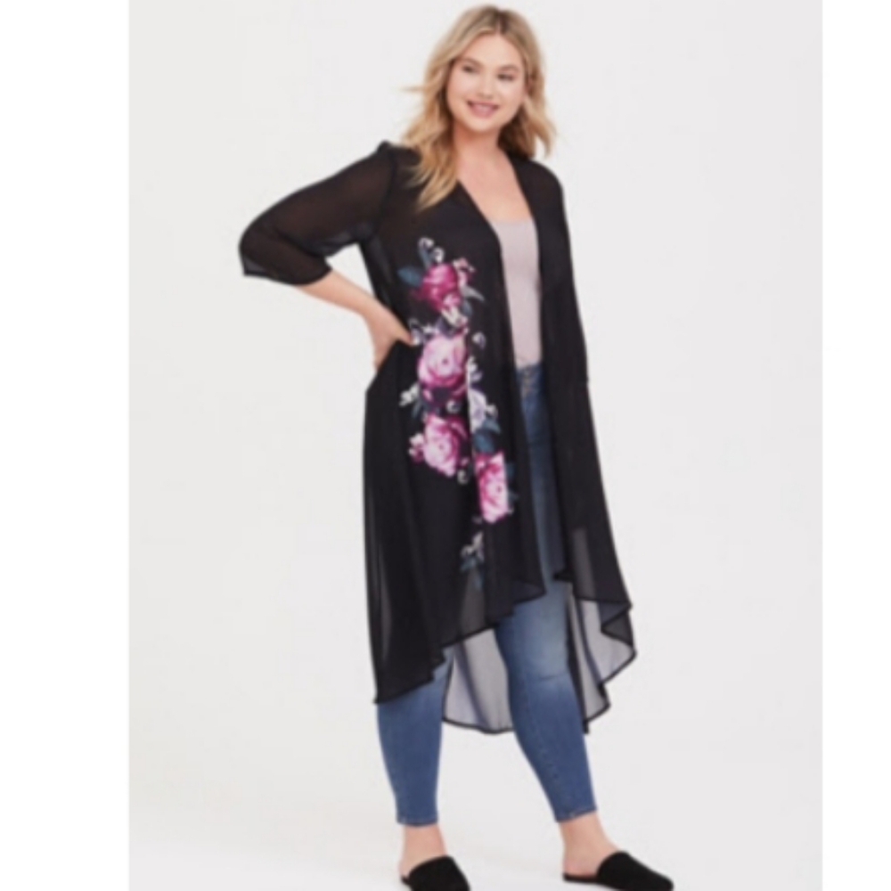 Black floral front chiffon kimono
